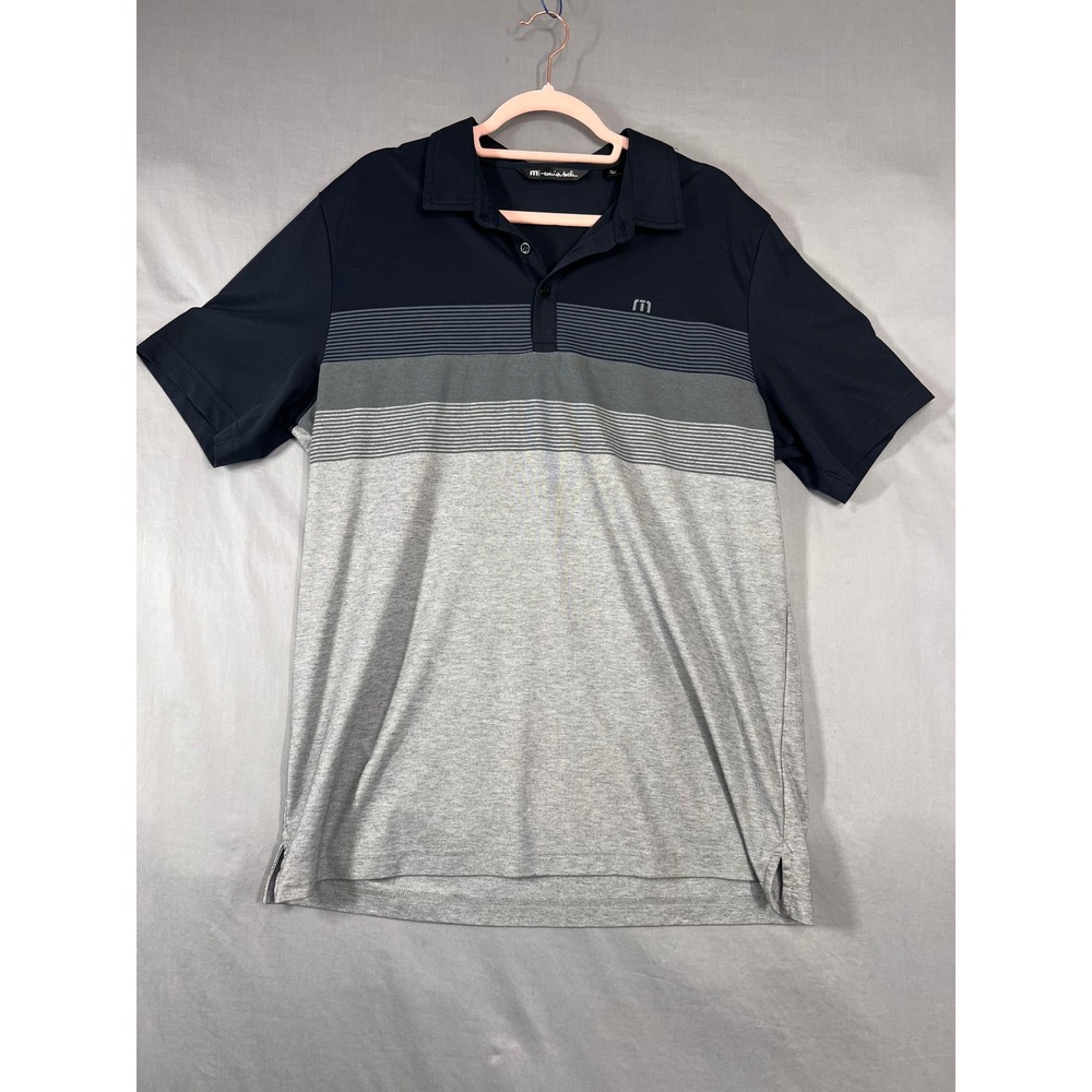 TravisMathew Mens XL Polo Shirt Navy Gray Colorblock Striped Golf Performance